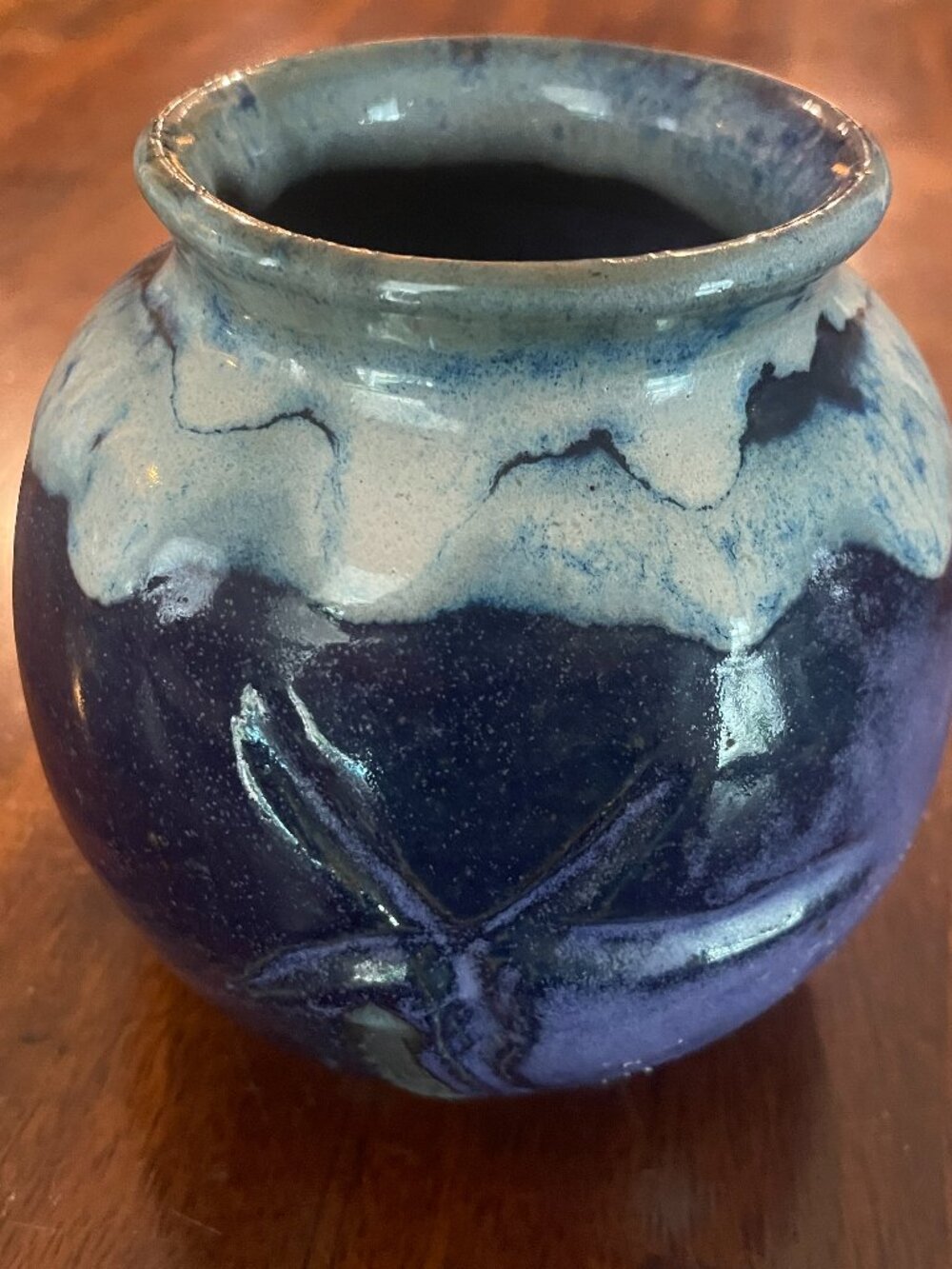 Handmade Blue Glaze Pottery Vase Starfish & Chinese Symbols 5" x 3" Signed